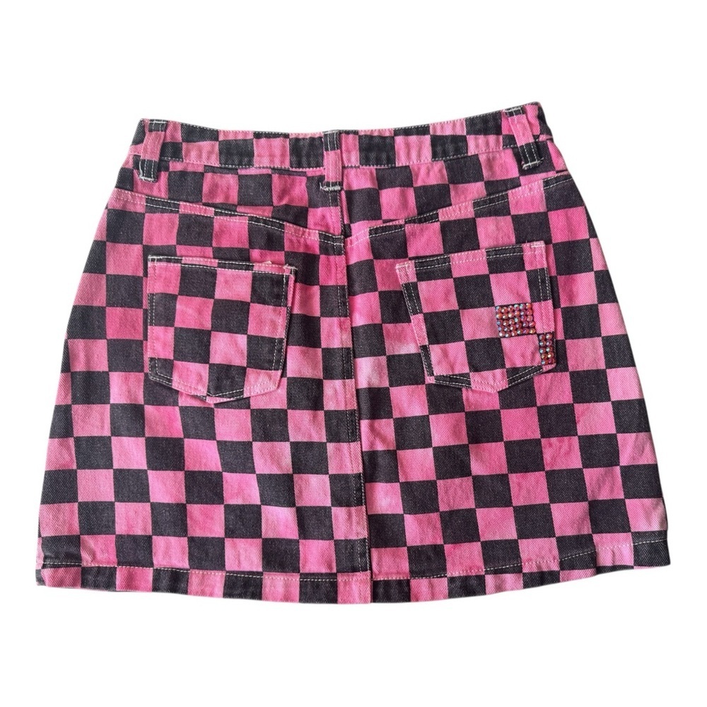 Y2K Pink Checkerboard Denim Mini Skirt Ring Zip Punk Indie Sleaze Street Style - Picture 3 of 11